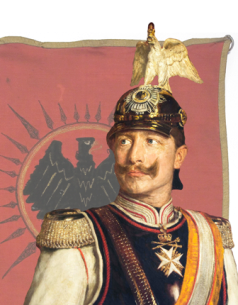 Wilhelm in Uniform mit Pickelhaube und Kaiser-Wilhelm-Bart, im Hintergrund rotes Banner mit schwarzem Adler