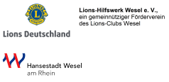 Logo des Lions Clubs mit dem Zusatz Lions-Hilfswerk Wesel e. V. und Logo Hansestadt Wesel am Rhein zu sehen.