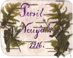 Postkarte mit Neujahrsgruß auf Birkenrinde, Russland 1915-16