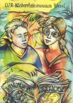 Bunte Zeichnung mit Mädchen mit Brille und Jungen, die in ein geöffnetes Buch schauen